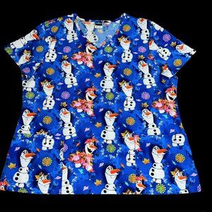 Disney's Frozen II Olaf Leaves Scrub Top Shirt Size 3XL Blue White Nurse Vet